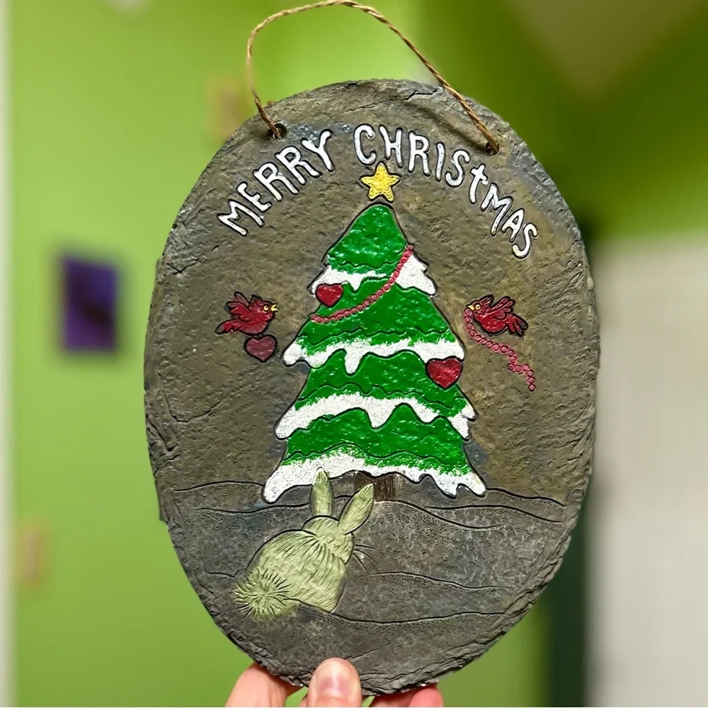 Charming Bunny Festive Christmas Holiday Stone Plaque Wall Hanging Art